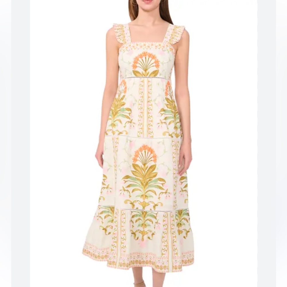 CeCe White Floral Tiered Sundress with Pink and Olive Print